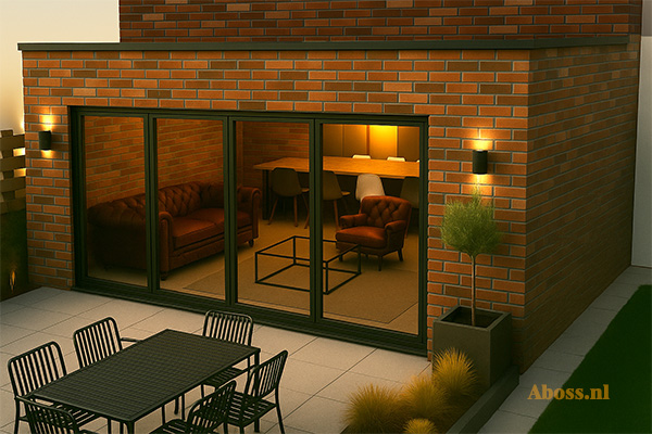 Uitbouw type 06: aanbouw met houten gevelbekleding en veranda